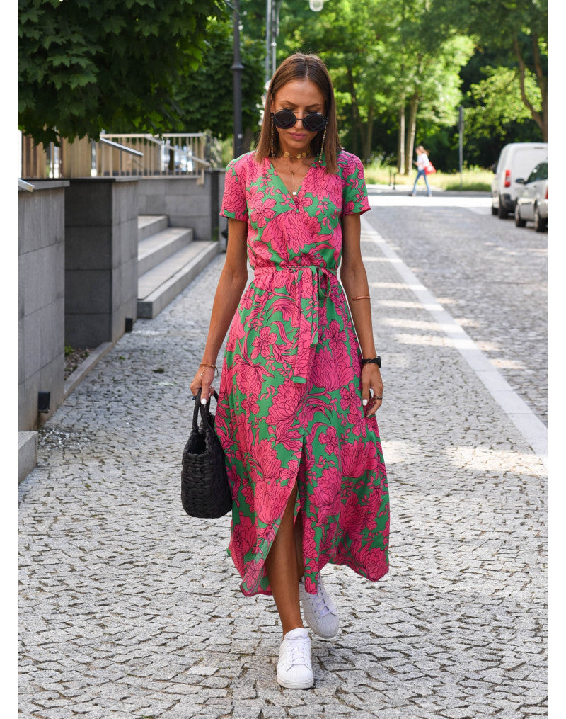 Women's Wrap Floral Dress with Short Sleeves