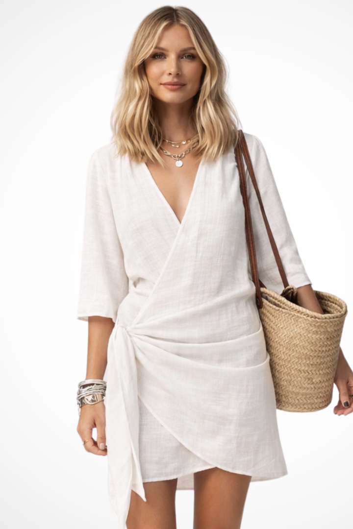 Women's Wrap Tie Mini Dress with Short Sleeves