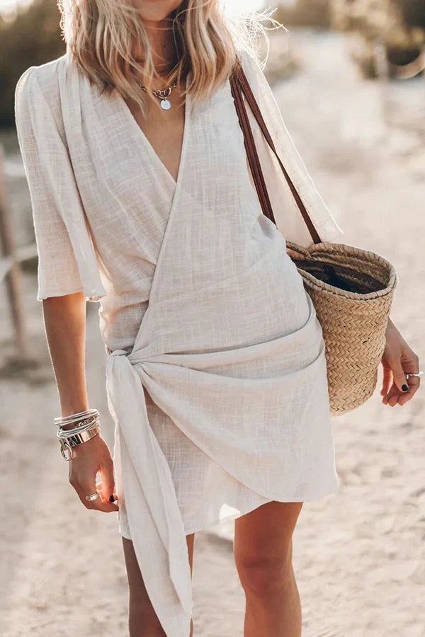Women's Wrap Tie Mini Dress with Short Sleeves