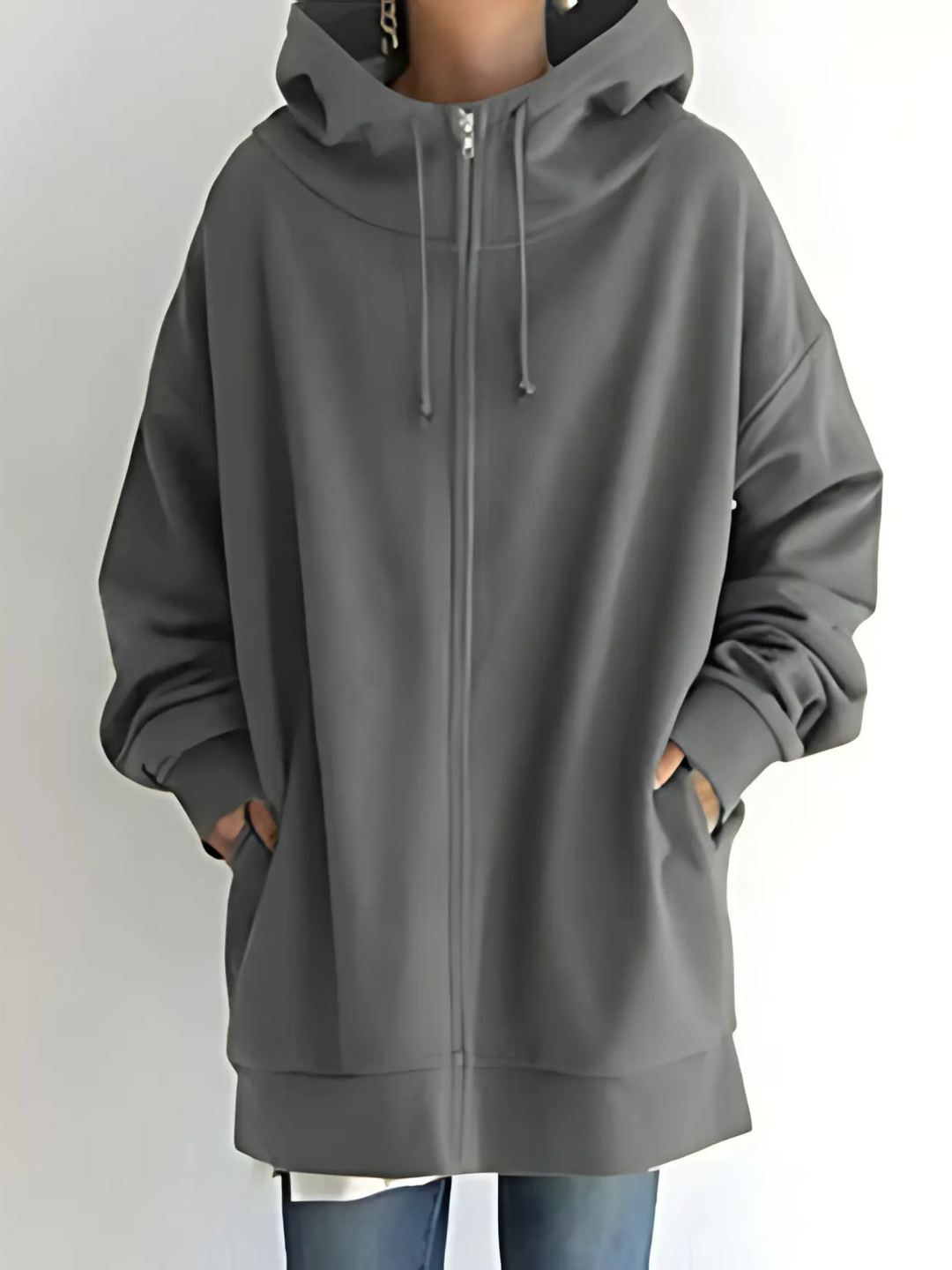 Women's Zip-Up Hoodie with Drawstring and Side Pockets - Grey