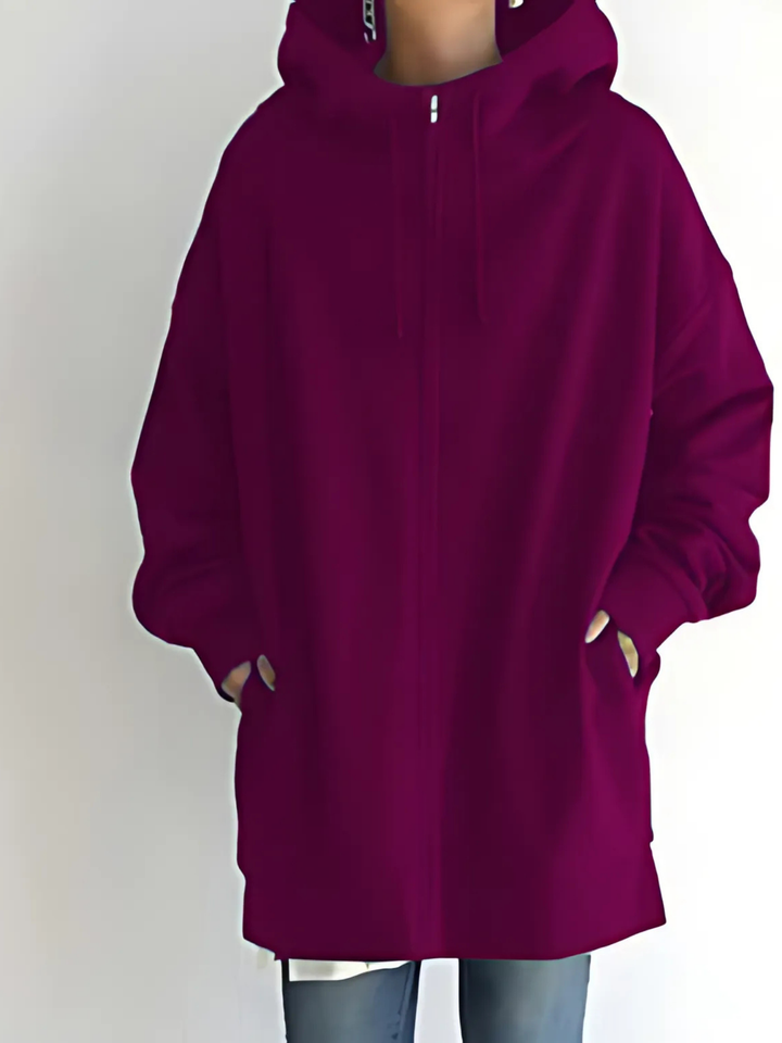 Women's Zip-Up Hoodie with Drawstring and Side Pockets - Coral Red
