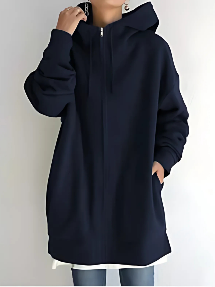 Women's Zip-Up Hoodie with Drawstring and Side Pockets - Navy
