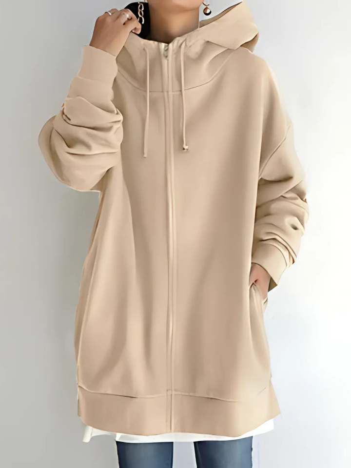 Women's Zip-Up Hoodie with Drawstring and Side Pockets - Khaki