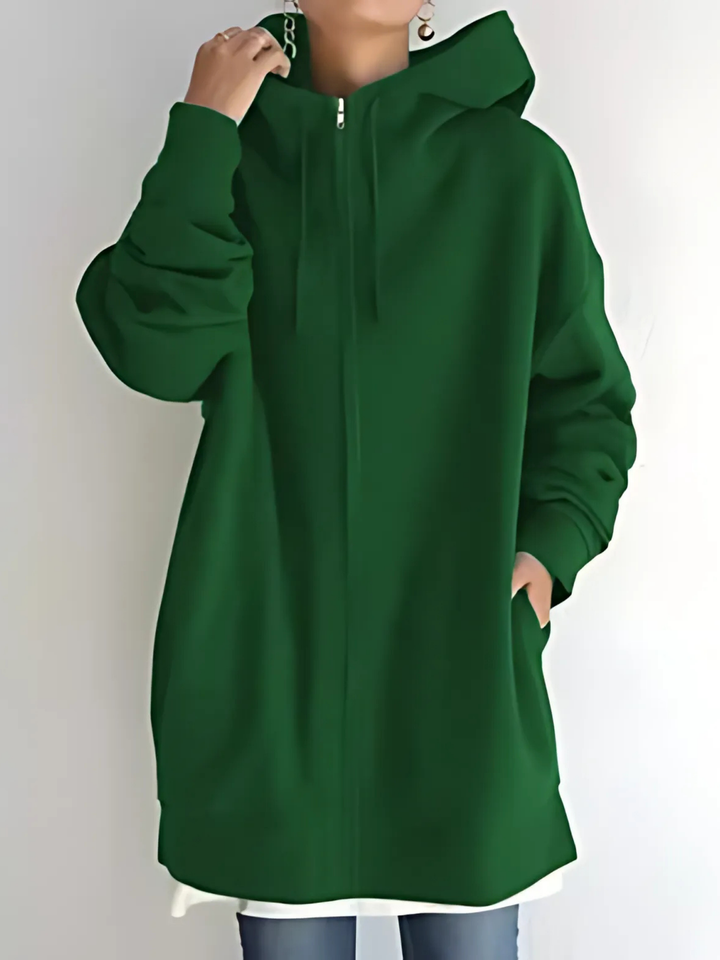 Women's Zip-Up Hoodie with Drawstring and Side Pockets - Green