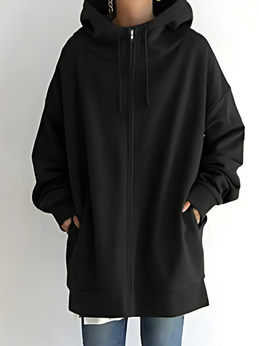 Women's Zip-Up Hoodie with Drawstring and Side Pockets - Black