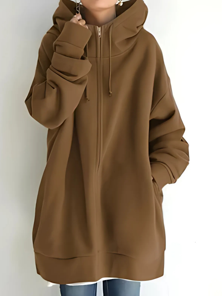 Women's Zip-Up Hoodie with Drawstring and Side Pockets - Brown