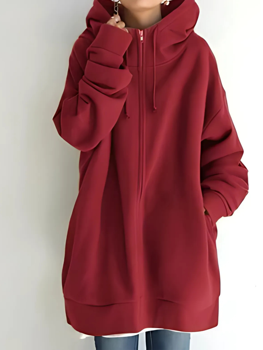 Women's Zip-Up Hoodie with Drawstring and Side Pockets - Red