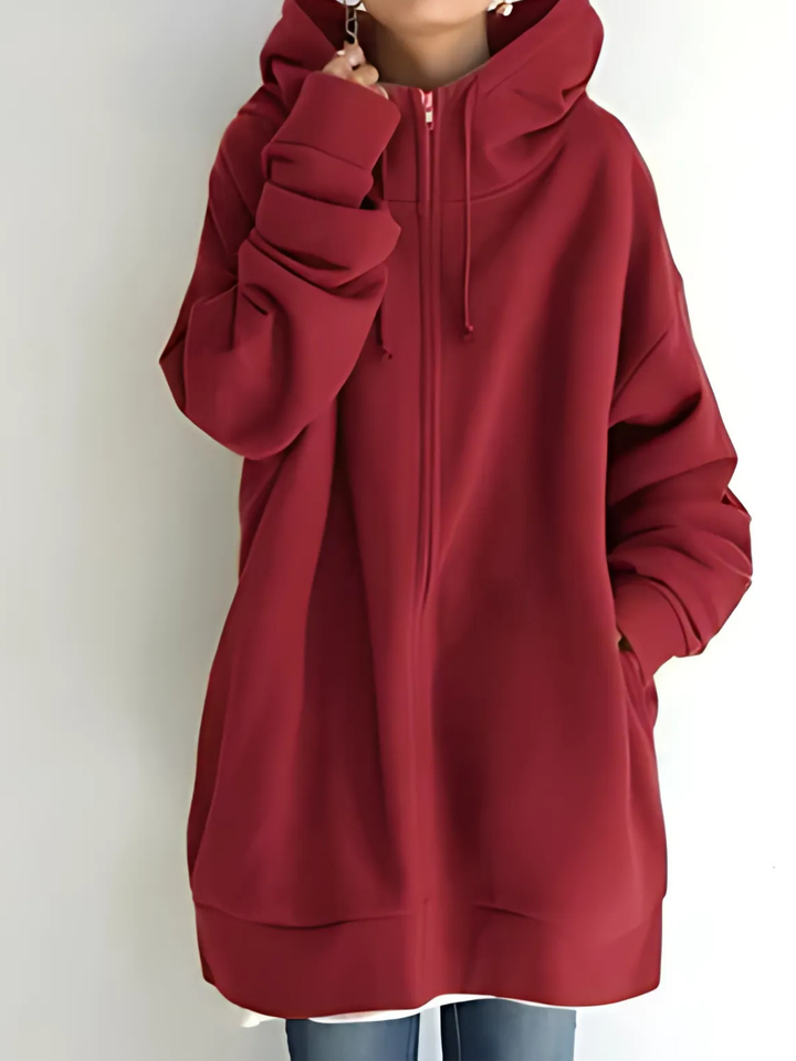 Women's Zip-Up Hoodie with Drawstring and Side Pockets - Red