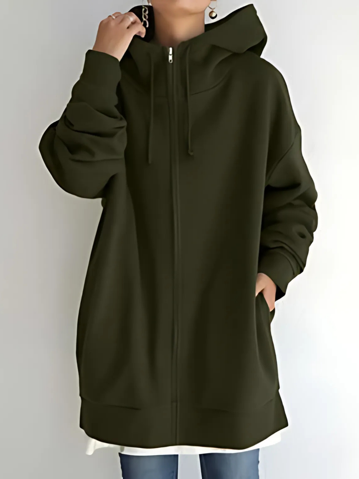Women's Zip-Up Hoodie with Drawstring and Side Pockets - Army Green